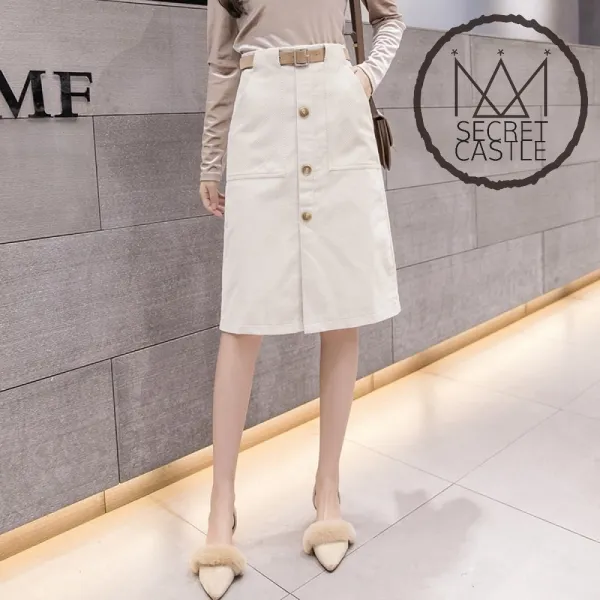 비밀의성 여자 허리벨트 포켓 단추 앞트임 스커트