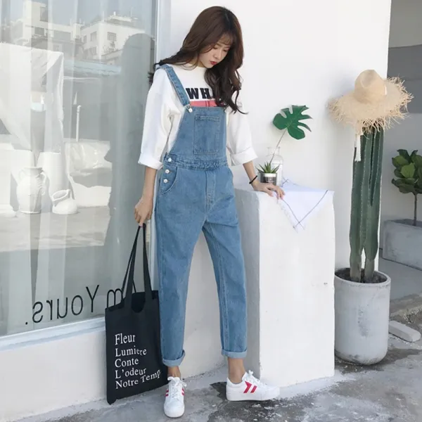 이레통상 멜빵 바지 점프수트 청 데님 면 팬츠 여성 Qq