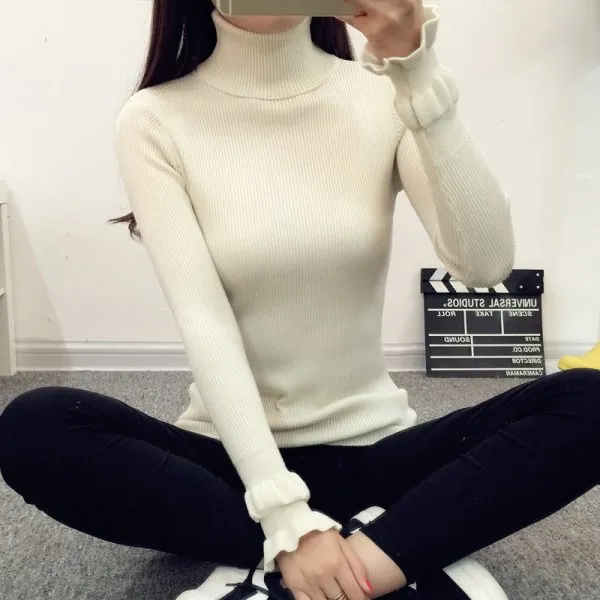 쇼핑하자 여성 슬림핏 골지 니트 소매 셔링 포인트 폴라티rr5 523995773249