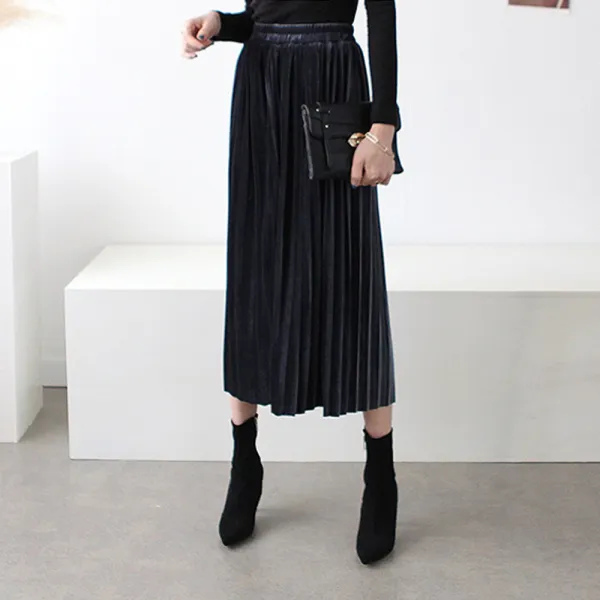 하늘바라기 벨벳 주름 롱 스커트