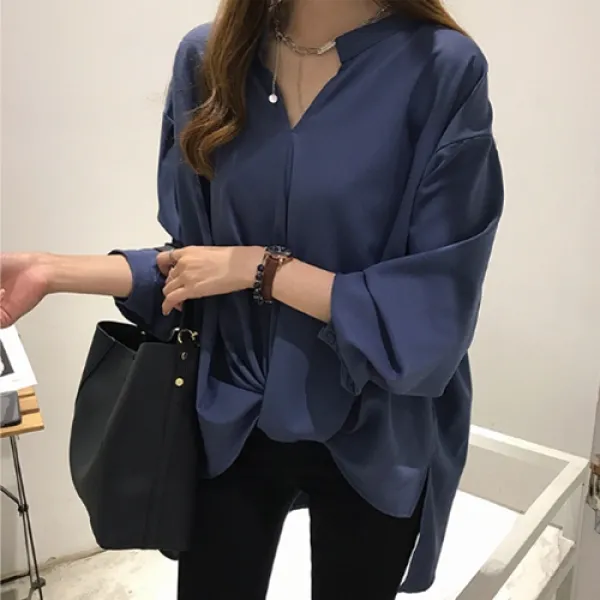 마마퀸 여성빅사이즈 브이넥 셔링 언발 블라우스 [3컬러 M-4XL] 빅사이즈블라우스