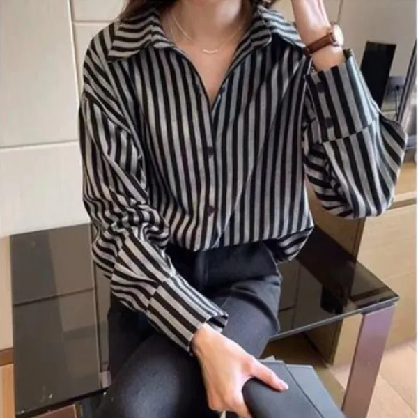 마마퀸 여성빅사이즈 카라 스트라이프 배색 긴팔 블라우스 1칼라 M 4xl 빅사이즈셔츠남방