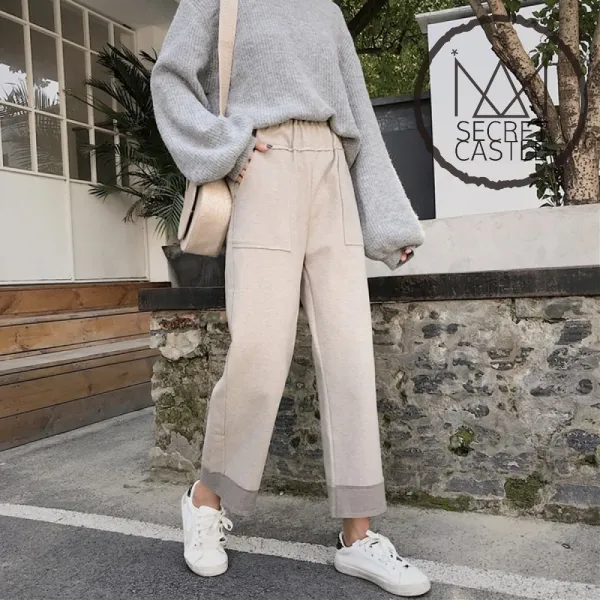 비밀의성 여자 허리 밴딩 포켓 9부 와이드 팬츠