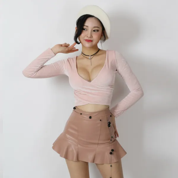 벨벳 섹시 랩 크롭티 캡내장 /배꼽티 티셔츠 방송 댄스 공연복