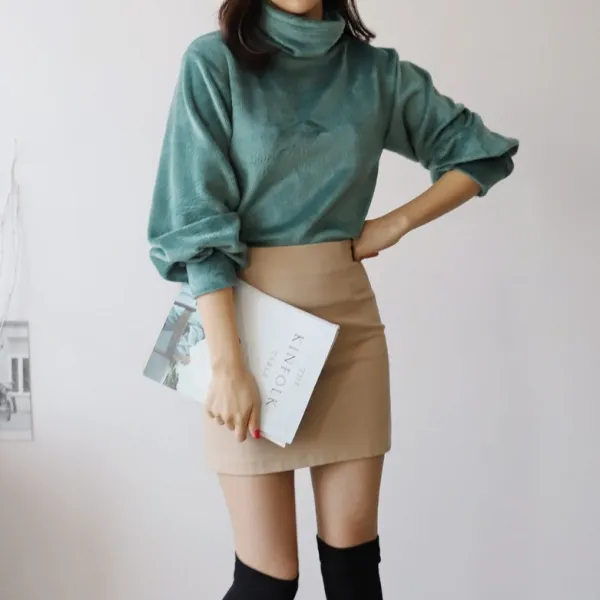 Chicme 시크미 여성 퍼프 목 폴라 티셔츠 파스텔 컬러 긴팔