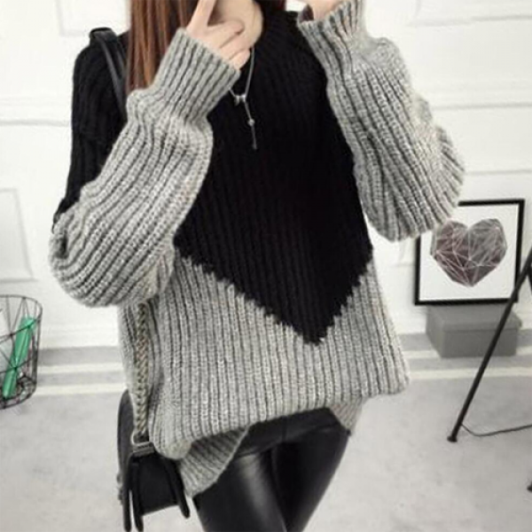디에프 여성 여자 브이업 배색 니트 라운드넥 도톰 루즈핏 20대여성 30대여성