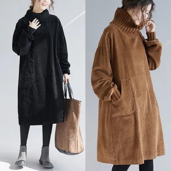 패션이루 골덴 롱 원피스 폴라 오버핏 가을 겨울 여성 긴팔xfb