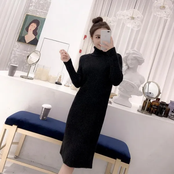 Qterra 특허브랜드 니트 겨울 폴라 여성스웨터 목폴라 원피스 롱니트 울