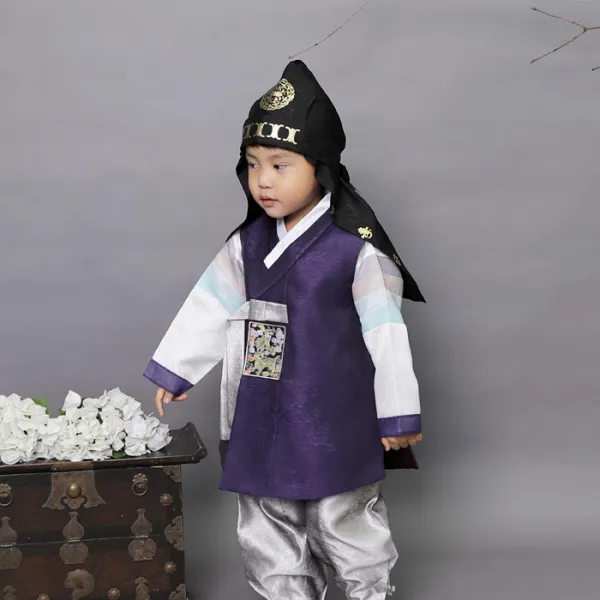 아가명주 아동한복 퍼플실버 남아한복 돌복