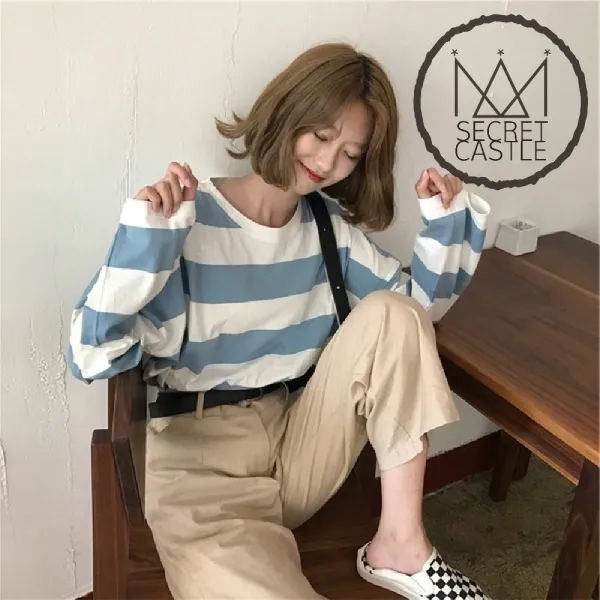 비밀의성 여자 와이드 소매 오버핏 긴팔 티 티셔츠