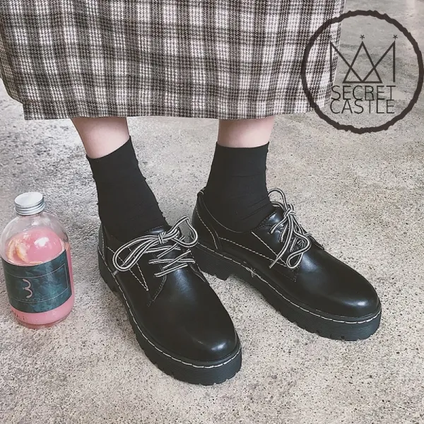 비밀의성 여자 통굽 미들힐 리본 끈 워커 단화 구두