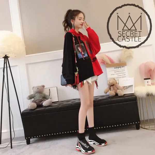 비밀의성 여자 투톤 컬러 밑단 언발 맨투맨 티셔츠