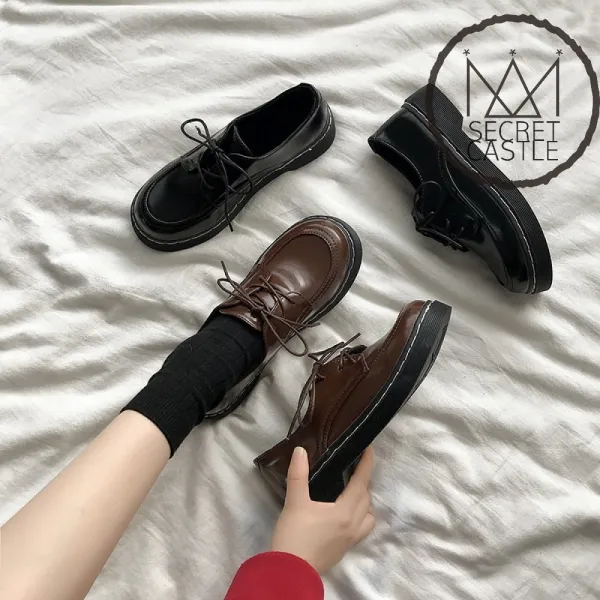 비밀의성 여자 미들힐 리본 끈 무광 워커 단화 구두