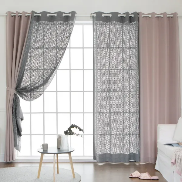 호텔식 뉴린넨룩+모카펀칭 긴창 암막커튼 4장 Y뉴린넨룩 연핑크 +모카펀칭 그레이 