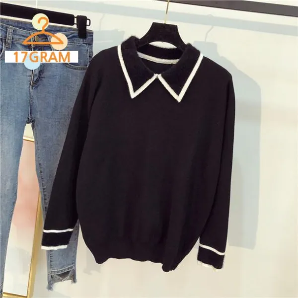 여자티셔츠 겨울 New 대학생 오버핏 긴 소매 옷깃 바람 니트