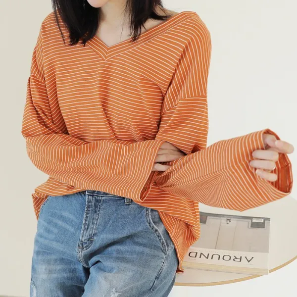 플레이팝 여성용 멜리 양브이넥 스트라이프티셔츠