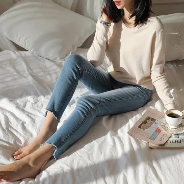 플레이팝 여성용 속 밴딩 컷팅 스판 일자 청바지 8828