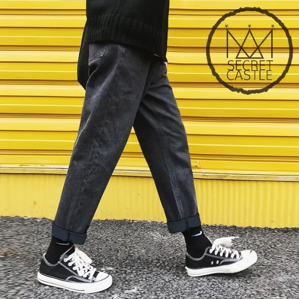 비밀의성 남자 오버핏 배기 일자 롤업 9부 데님 팬츠