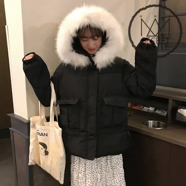 비밀의성 여자 포켓 라쿤털 후드 숏 패딩 점퍼