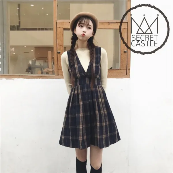 비밀의성 여자 허리 주름 체크 미니 나시 원피스