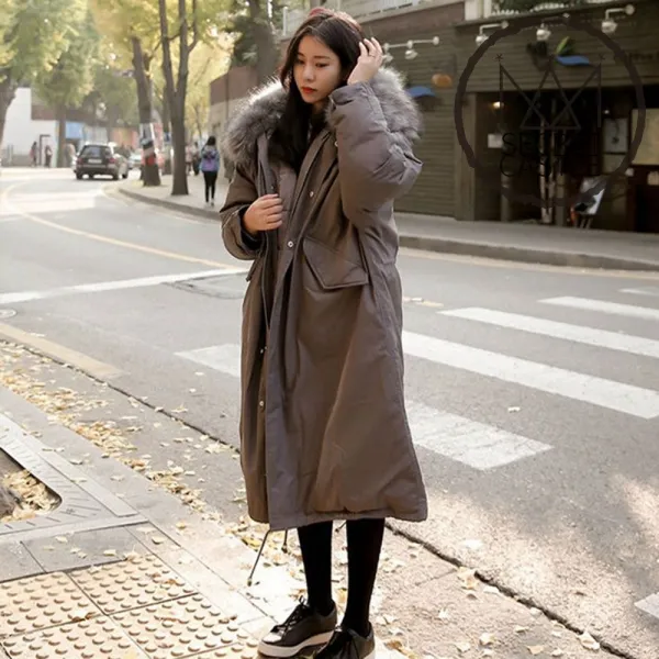 비밀의성 여자 라쿤 털 퍼 후드 밑단 롱 패딩 점퍼