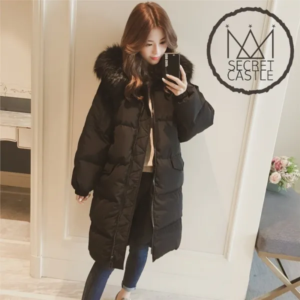 비밀의성 여자 라쿤 털 퍼 후드 기본 롱 패딩 점퍼