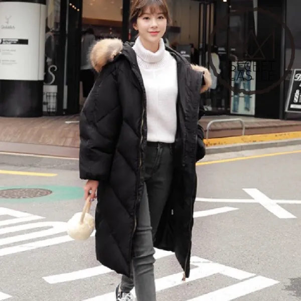 비밀의성 여자 라쿤 털 후드 집업 기본 롱 패딩 점퍼