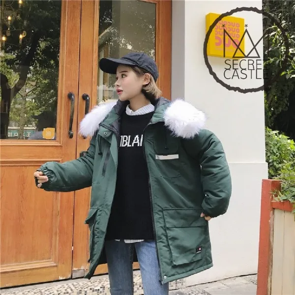 비밀의성 여자 라쿤 털 후드 포켓 하프 패딩 점퍼