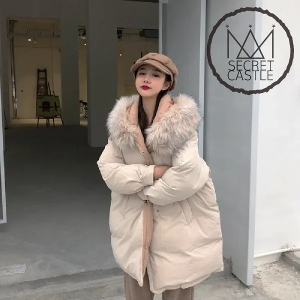 비밀의성 여자 라쿤털 후드 똑딱이 하프 패딩 점퍼