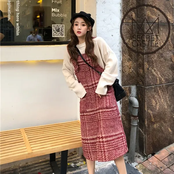 비밀의성 여자 포켓 체크 앞 트임 나시 원피스