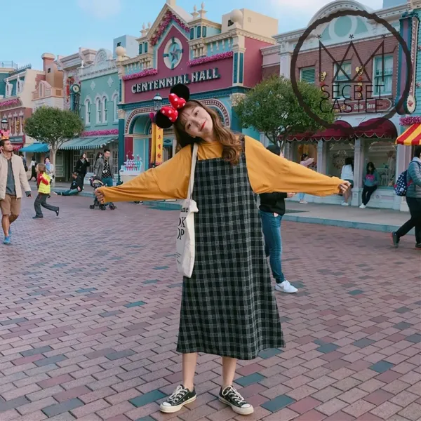 비밀의성 여자 체크 오버핏 롱 체크 나시 원피스