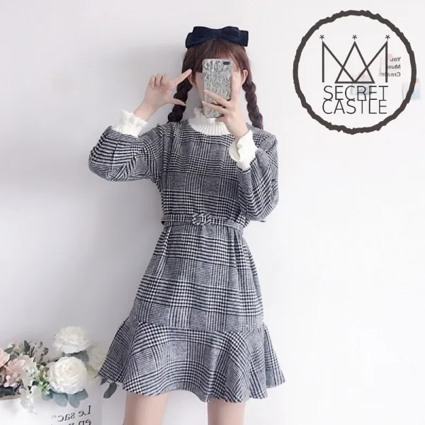 비밀의성 여자 허리 벨트 밑단 프릴 타탄 체크 원피스