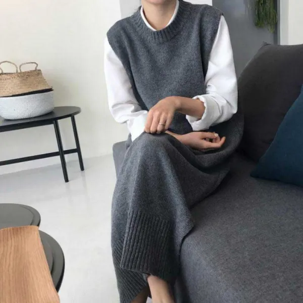 레이어드 롱 니트 조끼 롱원피스