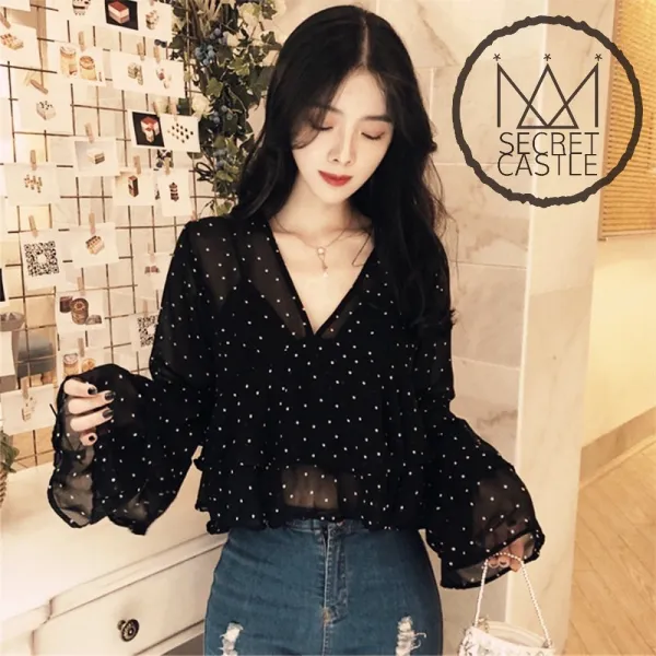 비밀의성 여성 밑단 소매 이중 도트 쉬폰 블라우스
