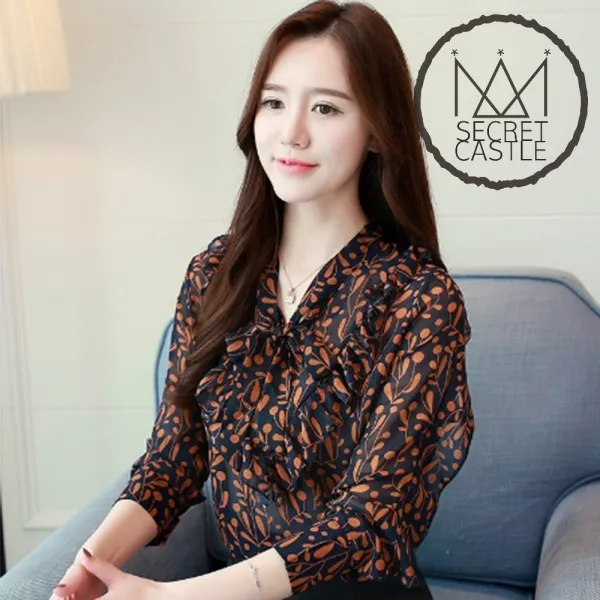 비밀의성 여성 리본 장식 패턴 시스루 쉬폰 블라우스