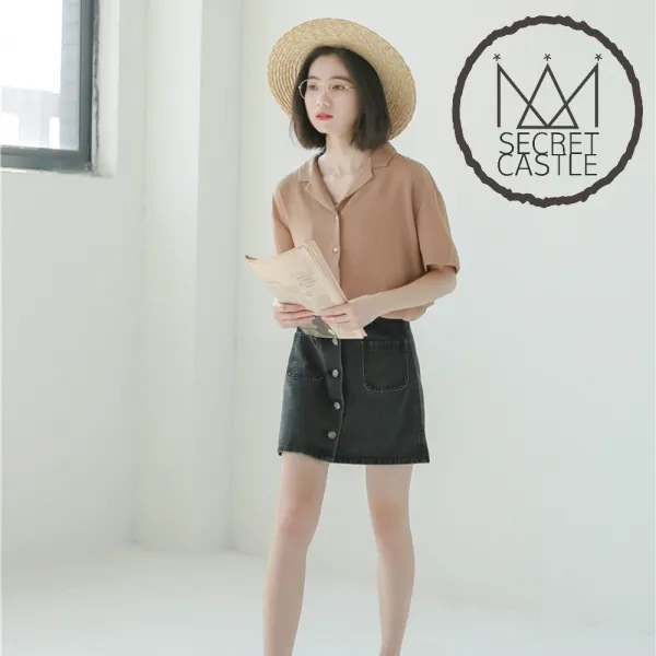 비밀의성 여성 테일러 카라 단추 반팔 쉬폰 블라우스