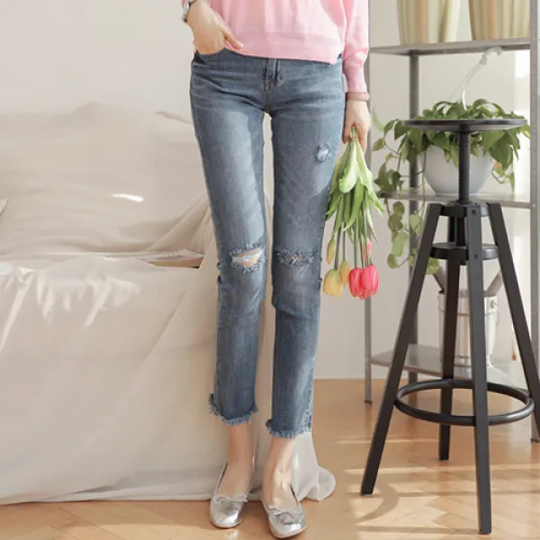 플레이팝 여성용 헤짐워싱 트임 스판청바지