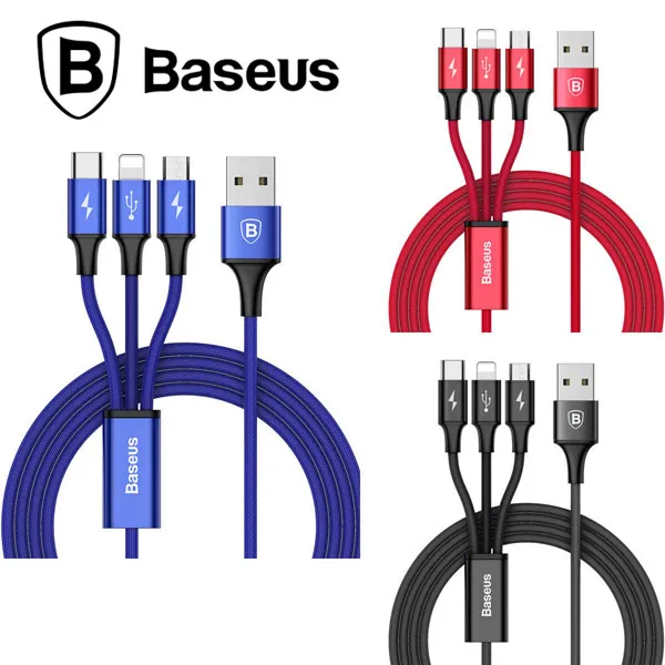 BASEUS 3 in1 컬러케이블 마이크로5핀 8핀 C타입 3A 충전케이블, 단일옵션