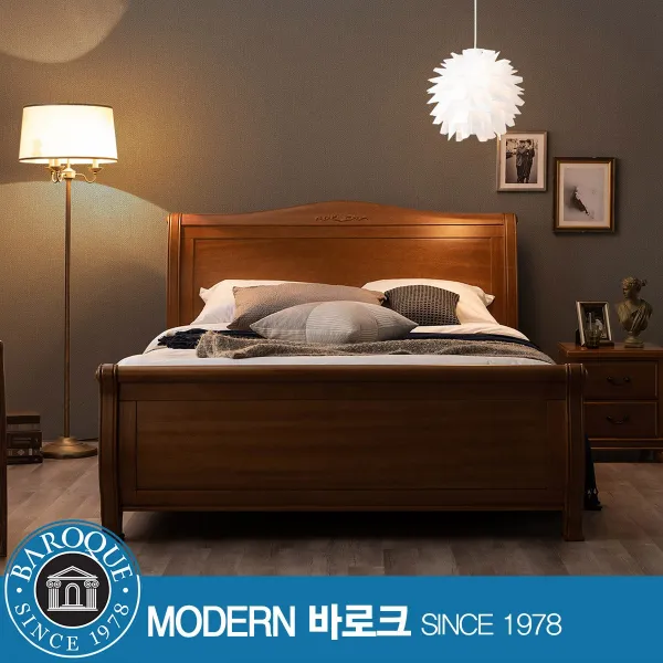 [모던바로크] W 마테라N) 천연무늬목 평상형 퀸 침대 / R7 매트리스(라텍스), 내추럴앤틱