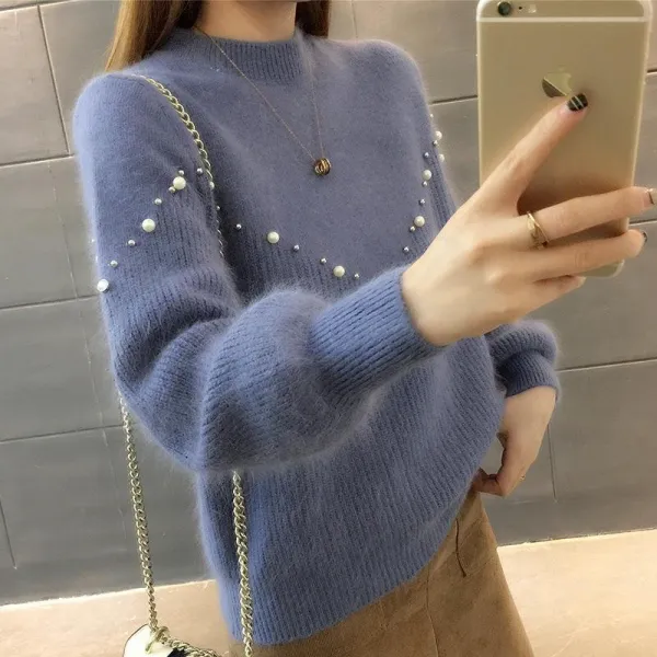 여성 따뜻한 앙고라 니트티 진주 장식 봄 가을 겨울 데일리룩 반폴라 니트