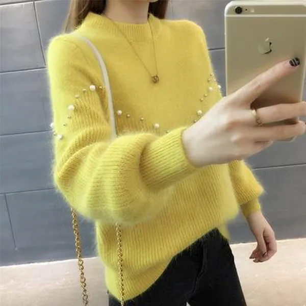 여성 따뜻한 앙고라 니트티 진주 장식 봄 가을 겨울 데일리룩 반폴라 니트