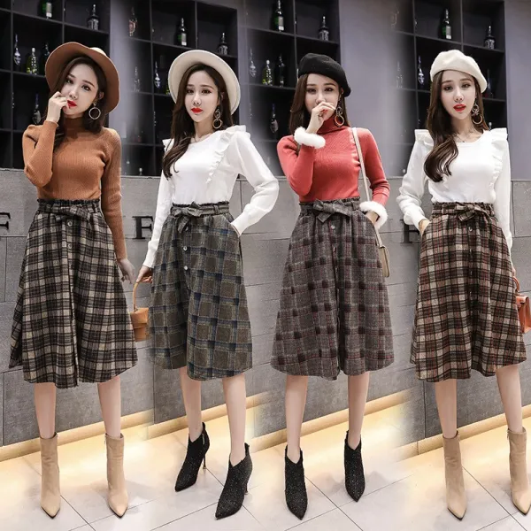 치마 스커트 여성 여자 겨울 가을 반신 골덴 모직물 체크 코디하기 쉬운 롱 버르집 에이라인