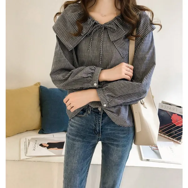 여성 봄 데일리룩코디 리본 스트라이프 블라우스셔츠 여친룩 코디