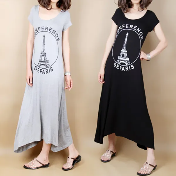 빅걸스토리 여성용 에펠탑 언발 슬림핏 반팔 쿨 롱원피스