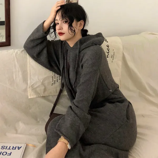 여성 루즈핏 히든 포켓 후드 니트 원피스 데일리룩