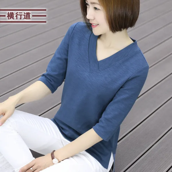 샵솔베이지 6가지색상 봄여름 코튼 브이넥 탄력티셔츠(M-4XL) 7부티셔츠