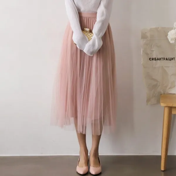 타미나 여성 봄 플리츠 레이스 A라인 롱 샤 스커트