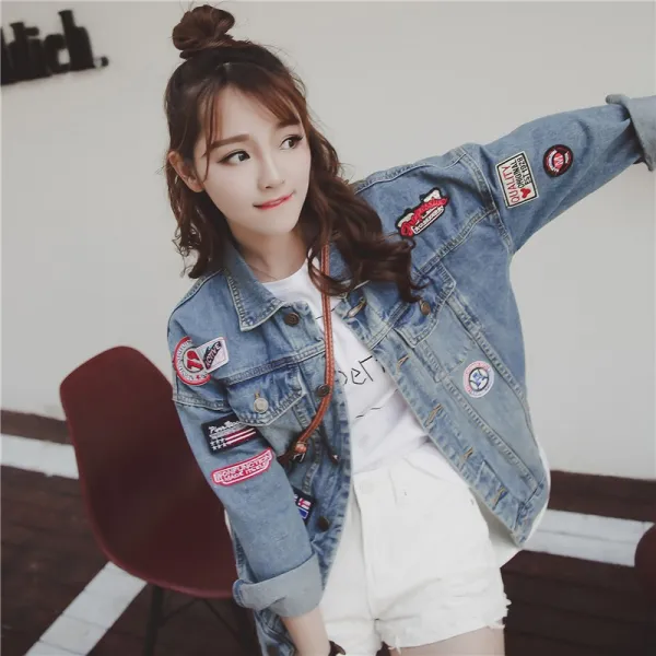 씨엔에이치 2019 봄 가을 여자 여성 USA 패치 데님 청자켓