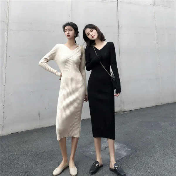 따저몰 브이넥여성골지니트원피스2019봄신상