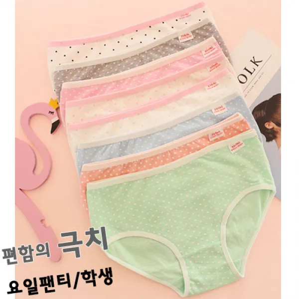 한지붕샵 여성용 면삼각 삼각스판 요일팬티 학생팬티 편함의극치 미니땡땡이 5p